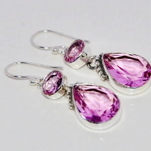 Pendientes con forma de pera de piedras preciosas de cuarzo rosa, Plata de Ley 925 hecha a mano, plata antigua étnica, regalo de estilo cristiano a la moda, esposas - Product Image 4
