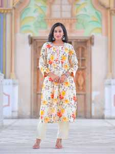 Ensemble Kurta Pantalon Droit en Coton à Imprimé Floral pour Femmes Longueur Mollet Col Mandarin Manches Trois Quarts Tenue Multicolore - Product Image 4