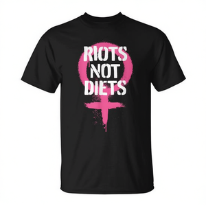Camiseta gráfica punk feminista con estampado de Riots Not Diets, negra, unisex, cuello redondo, manga corta, serigrafía - Product Image 2