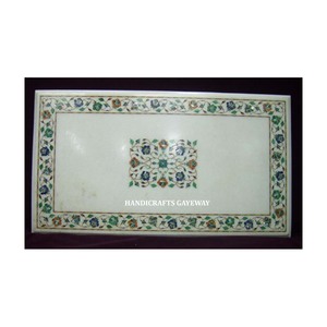 Beau café et thé de forme rectangulaire faits à la main dessus de table en marbre blanc Table exclusive de conception d'incrustation de fleurs de couleur de mélange antique - Product Image 1