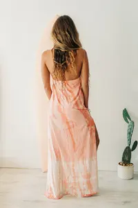 Trendy Beach Side Bliss Rayon Tie Dye Deep V Neck Mujeres Backless Spaghetti Maxi Vestido largo de pierna alta para vacaciones de verano Vibes - Product Image 5
