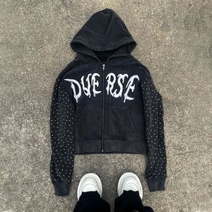 Sudaderas con capucha de algodón para hombre personalizadas, ropa de calle de gran tamaño de 500g/m2, bordado desgastado, diamantes de imitación de peso pesado, sudadera con cremallera completa para hombre - Product Image 3