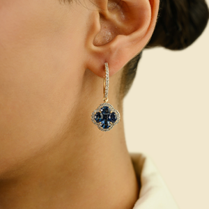 High Quality Luxurious <b>Blue</b> Sapphire & <b>Diamond</b> 14K Real Yellow Gold Charm Hoop Clover Shape Drop <b>Earrings</b> Bold Bridal Jewelry - Product Image 2