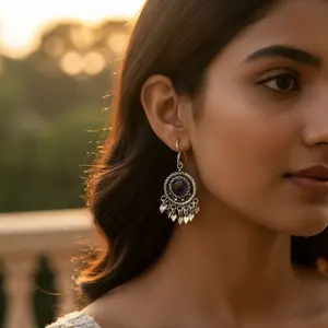 Women's Vintage 925 Silver Drop <b>Earrings</b> with Amethyst 18K Gold Plated Gold Main Stone <b>Diamond</b> and Turquoise Jewelry - Product Image 2