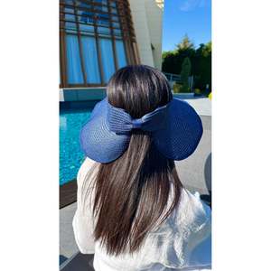 <b>Navy</b> Blue Straw Visor <b>Hat</b> with Ribbon and Sun Protection HSR2080 - <b>Navy</b> Blue1 - Product Image 2