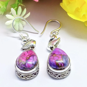 Pendientes de aro de lágrima minimalista de Plata de Ley 925 hechos a mano con piedras preciosas de turquesa púrpura Natural regalo para ella - Product Image 1