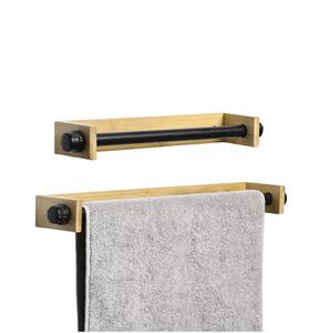 Porte-serviettes de salle de bain en métal industriel avec support mural en bambou naturel, porte-serviettes de bain et pour les mains en 2 pièces - Product Image 1