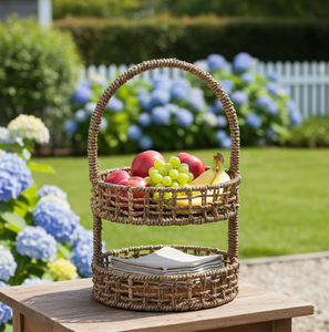 Panier de rangement minimaliste à deux niveaux, double couche, en herbe de mer tressée, fibre naturelle, panier à étages - Product Image 4