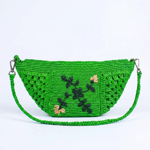 Bolso de pecho de rafia hecho a mano para mujer, estilo bohemio con bordado floral, correa para el hombro, cierre abierto, para todas las estaciones, color azul. - Product Image 2