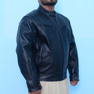 Veste en cuir véritable Unisexe Haute qualité col montant fermeture à glissière bouton Casual Racer Motorcycle Winter Jacket - Product Image 3