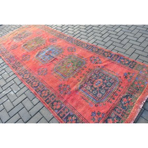 Turkish Vintage Rug, 4.5x11.3 ft <b>Runner</b> Rug, <b>Red</b> Blue Ikat Rug - Product Image 4
