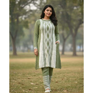 Ensemble Kurti 3 pièces en tissu de laine pour l'hiver, couleur vert pistache, manches longues, col rond, vêtements décontractés et festifs - Product Image 3