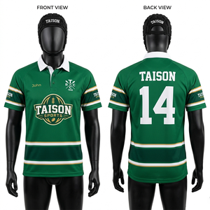 เสื้อรักบี้ชาย 225 GSM ผ้าตาข่ายโพลีเอสเตอร์พรีเมียม สีเขียว ขาว ทอง แถบแขนเสื้อพิมพ์ลายสกรีน ออกแบบโลโก้ตามสั่ง - Product Image 1