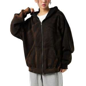 Sweat à capuche en molleton français respirant à fermeture éclair, effet délavé à l'acide, anti-boulochage, grande taille, de haute qualité, très vendu pour femmes - Product Image 1