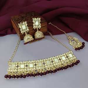 Indian Jewelry Set <b>Glass</b> Kundan Crystal Choker Necklace Jhumka Earrings with Maang Tikka <b>Head</b> Chain Wedding Jewelry for Women - Product Image 2