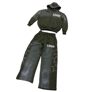 ชุดวอร์มสำหรับผู้ชายชุดวอร์มปักลายดีไซน์พลอยเทียมผ้าฝ้าย100% ซีดจางพิมพ์โลโก้ตามสั่ง - Product Image 1