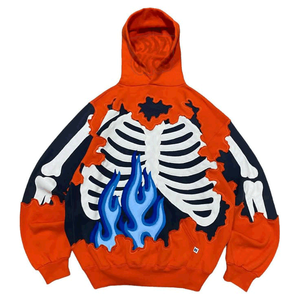 เสื้อมีฮู้ดลำลองแนวสตรีทของผู้ชายมีฮู้ดลายคนบ้าปักลาย3D สบายด้วยโลโก้หน้าสีทึบ - Product Image 3
