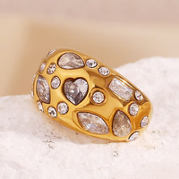 Anillos de Acero Inoxidable con Circonita Cúbica, Corte Princesa, Diseño de Corazón Clásico, Chapados en Oro de 18K