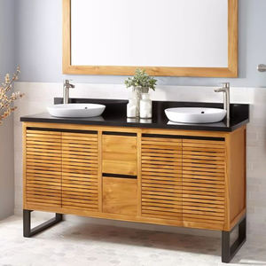 BOIS DE TEAK DOUBLE BAIN VANITÉS SEULEMENT AVEC PIEDS EN FER TACHE COULEUR MEUBLES - Product Image 1