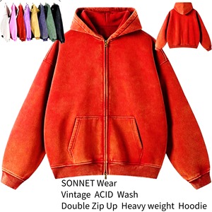 Sweat à capuche zippé pour homme Vintage Stone Acid Wash Poids lourd Style surdimensionné 100% coton éponge Taille XS à 3XL pour la saison d'automne - Product Image 1