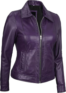 เสื้อแจ็กเก็ตหนังแกะแท้สำหรับผู้หญิงแขนยาวมีกระเป๋าด้านหน้าสองข้างผ้าแคนวาสสีม่วงผลิตภัณฑ์สำเร็จรูปตามสั่ง - Product Image 5