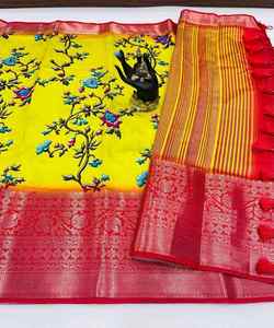 Chiffon Saree with <b>Brooches</b> and Stitched Blouse for Elegant Party Wear <b>Women</b> - Product Image 3