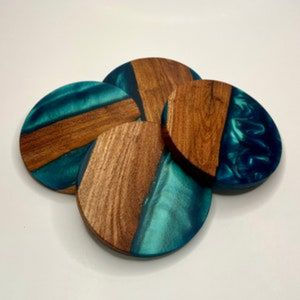 Set Of 4 Teal Blue Ocean River Design Handmade Acacia Wood And Resin <b>Coasters</b> Decorative <b>Drink</b> <b>Coaster</b> For Home And Bar On Sale - Product Image 1