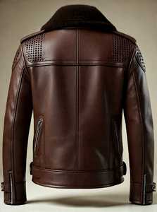 Veste en cuir pour homme avec col en fausse fourrure, fermeture éclair, style motard d'hiver - Product Image 2