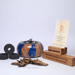 Mini quemador de carbón azul Diseño de lujo redondo Madhkan | Acacia aromática Bakhoor de resina de madera | Eid Gift Bela Artisan - Product Image 1