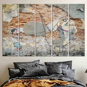 Toile imprimée avec graffiti de garçon et dinosaure : œuvre d'art moderne, lot de 5 toiles - Product Image 1