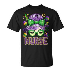 Camiseta Promocional con Diseño Divertido de Enfermera de Mardi Gras con Moño Despeinado y Cuentas Decorativas - Product Image 1