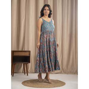 เดรสผ้าฝ้ายมัลมัลสีฟ้าทะเลสไตล์โบโฮ พิมพ์ลายด้วยมือ สายผูกไหล่ ทรงเอวธรรมชาติ ระบายอากาศได้ดี - Product Image 6