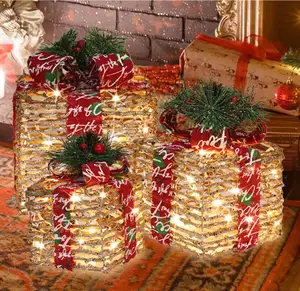 圣诞藤编礼品盒雪花丝带装饰品3件套家庭酒吧餐厅装饰藤编礼品盒