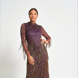 Vestido de Noche de Alta Costura con Lentejuelas, Bordado con Cuentas y Perlas, Largo hasta el Suelo, Corte en A, Natural, Ecológico, Elegante para Fiestas Nocturnas - Product Image 1