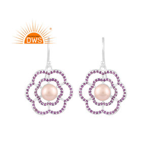 Boucles d'oreilles en argent sterling avec perle naturelle et améthyste, design floral, fabrication de bijoux sur mesure, très demandées - Product Image 1