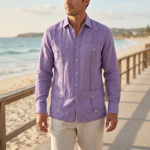 Camicie da <span class=keywords><strong>Uomo</strong></span> in <span class=keywords><strong>Lino</strong></span> OEM Personalizzate 100% <span class=keywords><strong>Lino</strong></span> con Pieghe Frontali e Quattro Tasche Nere Stile Guayabera <span class=keywords><strong>Camicia</strong></span> a Maniche Lunghe per <span class=keywords><strong>Uomo</strong></span> - Product Image 3