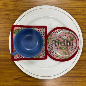 Quilted Piping Strawberry <b>Pink</b> <b>Coasters</b> 5x5" Hand Block Print Cotton Eco-Friendly Customized Thickness Boho Table Dcor Kitchen - Product Image 6