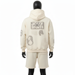 Premium 320 GSM Cotton Polyester Fleece Hoodie <b>Short</b> Set <b>Men</b> Cream Sportswear Custom Logo Chenille <b>Patch</b> Embroidery - Product Image 3