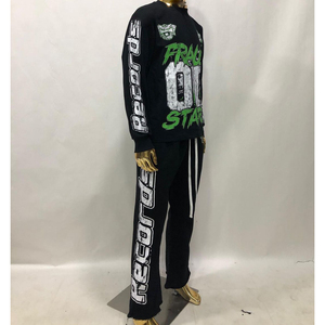 Ensemble de survêtement pour homme, hiver, épais, personnalisé, avec lettres brodées effet vieilli, comprenant un sweat-shirt à col rond et un pantalon de survêtement évasé, et un sweat à capuche uni - Product Image 3