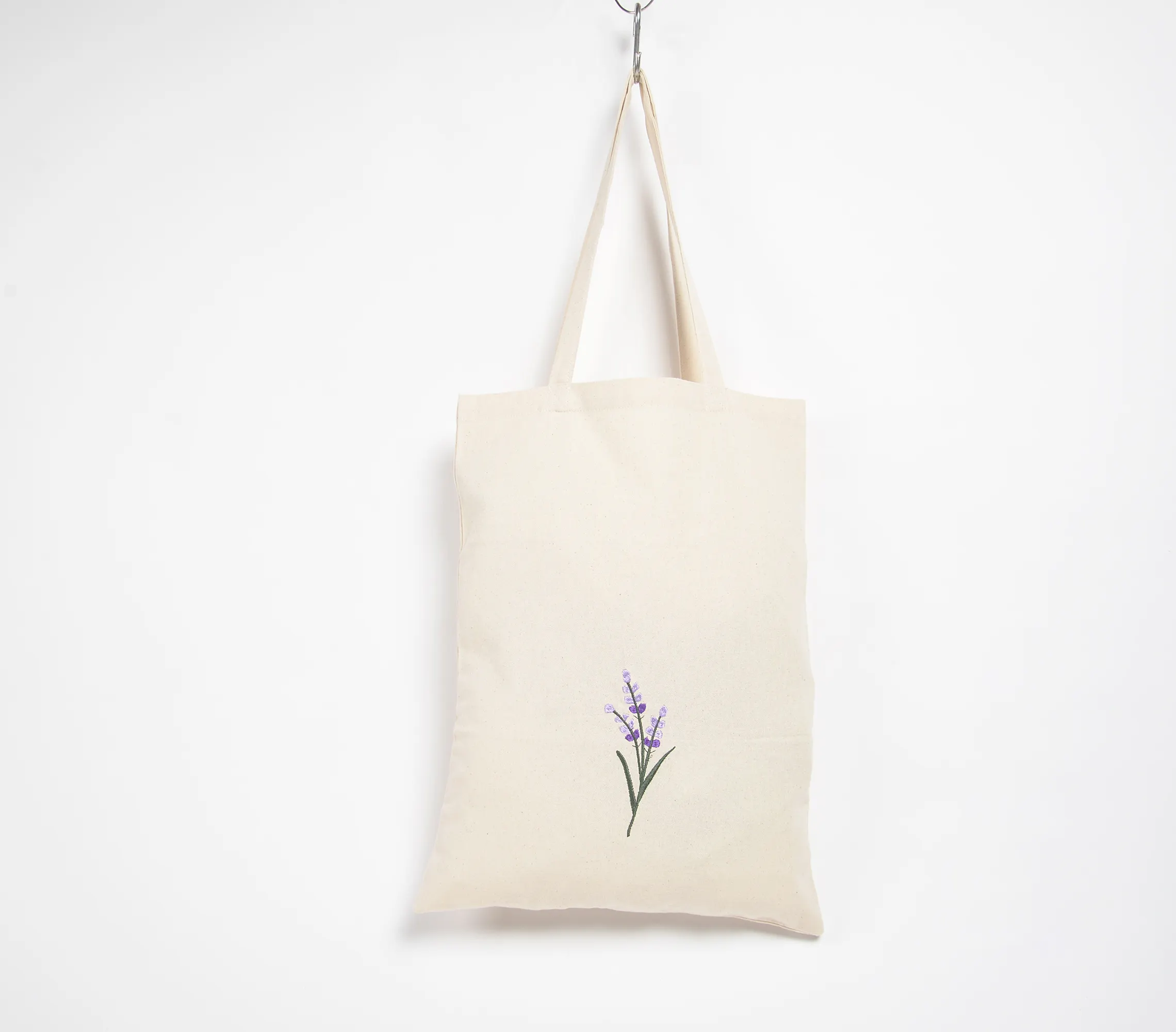 Qalara Embroidered Cotton Lavender Sprig Floral Design Fashionable Tote Bag