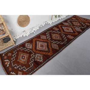Tapis Vintage en Laine Kilim Turc Marron Orange Patchwork Design 2.8x10ft pour Entrée Couloir Abstrait Rectangle Jute Tapis Latex - Product Image 2