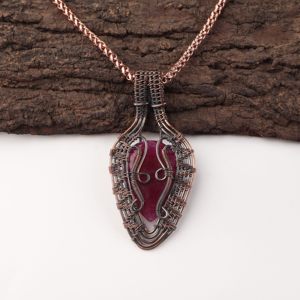 Kashmiri <b>Ruby</b> Gemstone Pear Cut Copper Wire Wrapped Fashion Pendant <b>Necklace</b> Red Stone Oxidized Silver Festive Gifting Special - Product Image 1