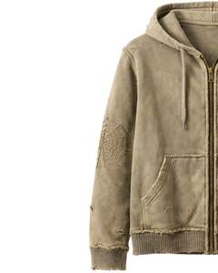 Sudadera con Capucha y Cremallera Color Caqui Lavado para Mujer, Estilo Urbano Desgastado, Bordado de Telaraña, Chaqueta con Capucha de Algodón y Felpa, Personalizada - Product Image 2