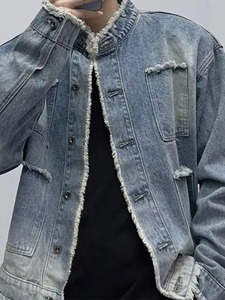 Otoño/Invierno 2025, Chaquetas vaqueras ajustadas informales para hombre, abrigos vaqueros azules de moda con mangas cortas y anchas, estilo Rock, precio bajo - Product Image 4