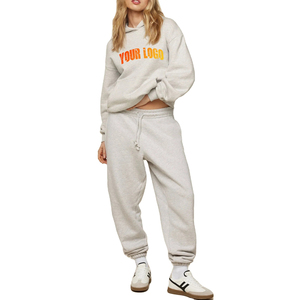 Customized Women's 100% Cotton Tracksuit 300GSM Loose Fit Hooded Pullover Haither Grey 2 Pcs Set Women's Pullover Tracksuit - Product Image 1