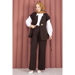 Conjunto de Pantalones y Chaleco de Tweed Color Café para Mujer, Estilo Blazer de Crepé de Dos Piezas con Botones Dorados y Cinturón, Corte Holgado - Product Image 5