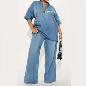 Wholesale Price <b>Denim</b> Fashion Casual <b>Denim</b> Clothing Set Tracksuit Trendy <b>Women</b> <b>Denim</b> Outfit Top And <b>Jogger</b> Pants Set - Product Image 1
