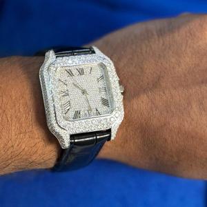 Montre mécanique élégante à cadran romain semi-glacé en diamant Moissanite Montres mécaniques de luxe à bracelet en cuir noir de qualité supérieure de style Hip Hop - Product Image 2