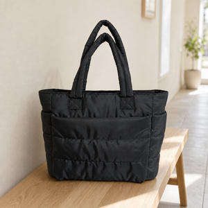 Women's Quilted <b>Nylon</b> <b>Tote</b> <b>Bag</b> Lightweight Commuting Travel Handbag with <b>Zipper</b> - Product Image 3