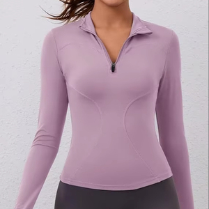 เสื้อยืดผ้าฟลีซแบบสวมหัวสำหรับผู้หญิงเสื้อออกกำลังกายแขนยาวเข้ารูปแบบ1/4แห้งเร็วสำหรับฤดูหนาวเล่นกีฬาโยคะเล่นยิม - Product Image 1